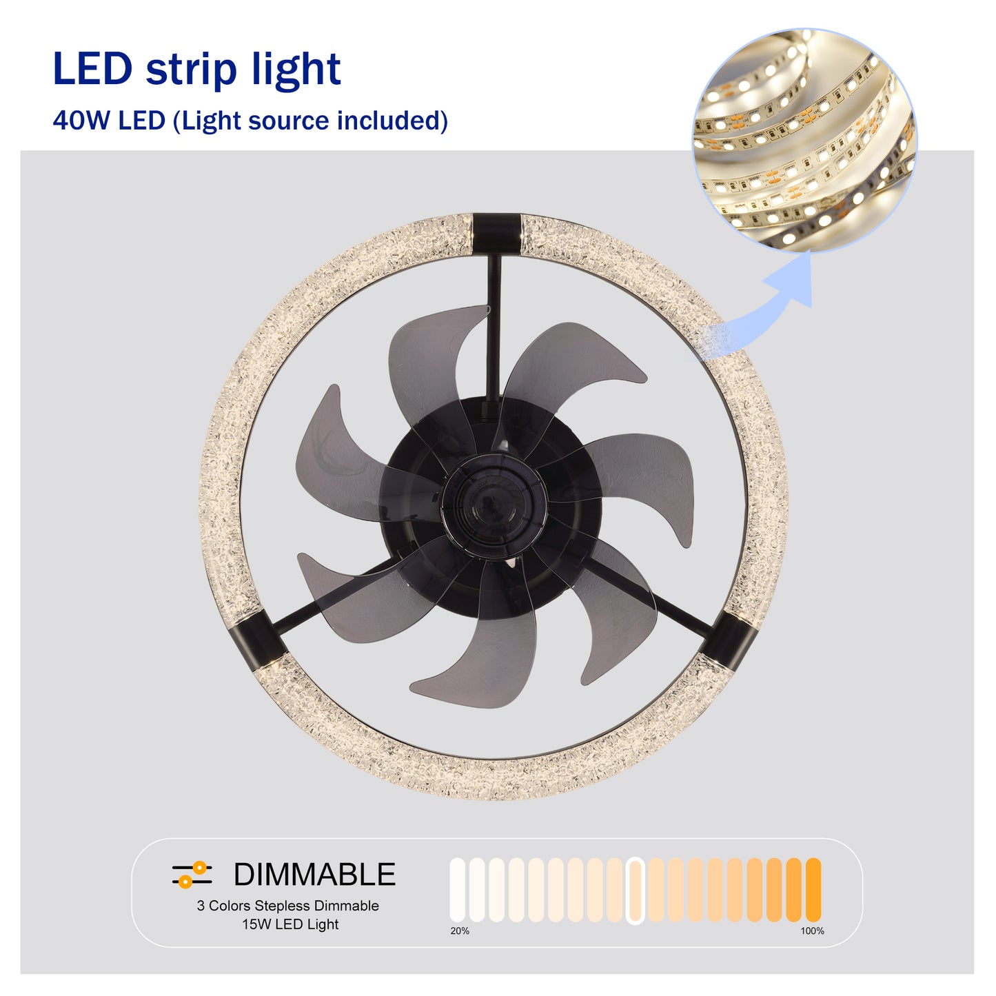 20" Matte Black Flush Mount Ceiling Fan with Dimmable LED - view 7