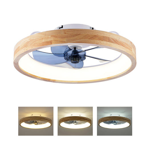 20" Wood & White Flush Mount Ceiling Fan with Dimmable LED