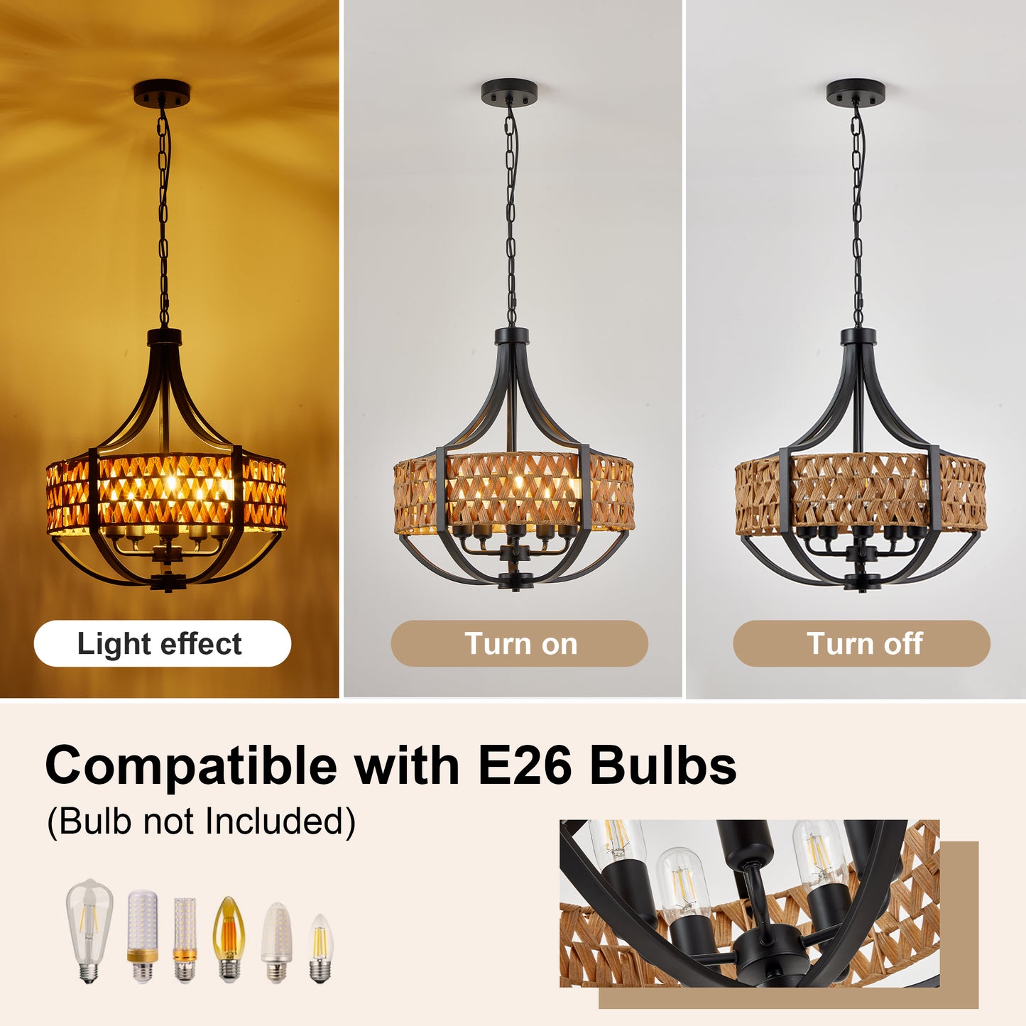 19.7" 5-Light Black Rattan Boho Chandelier - view 3