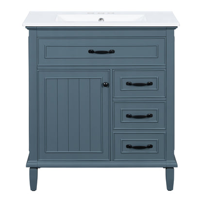 30" Blue Gray Bathroom Vanity with Sink, 3 Drawers & Black Handles