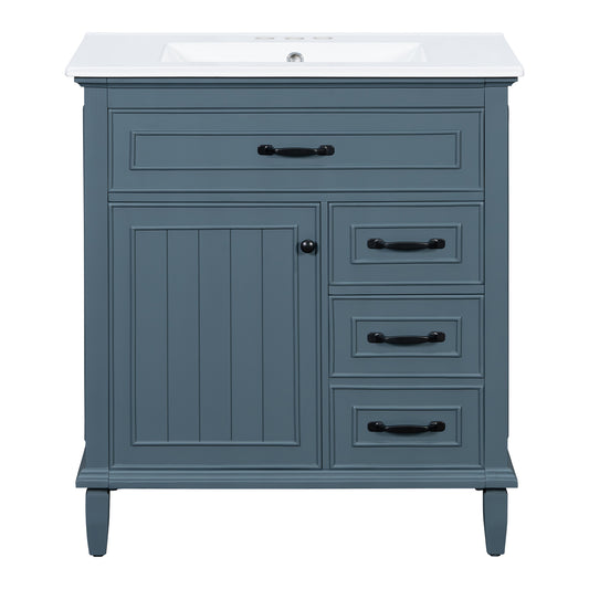 30" Blue Gray Bathroom Vanity with Sink, 3 Drawers & Black Handles