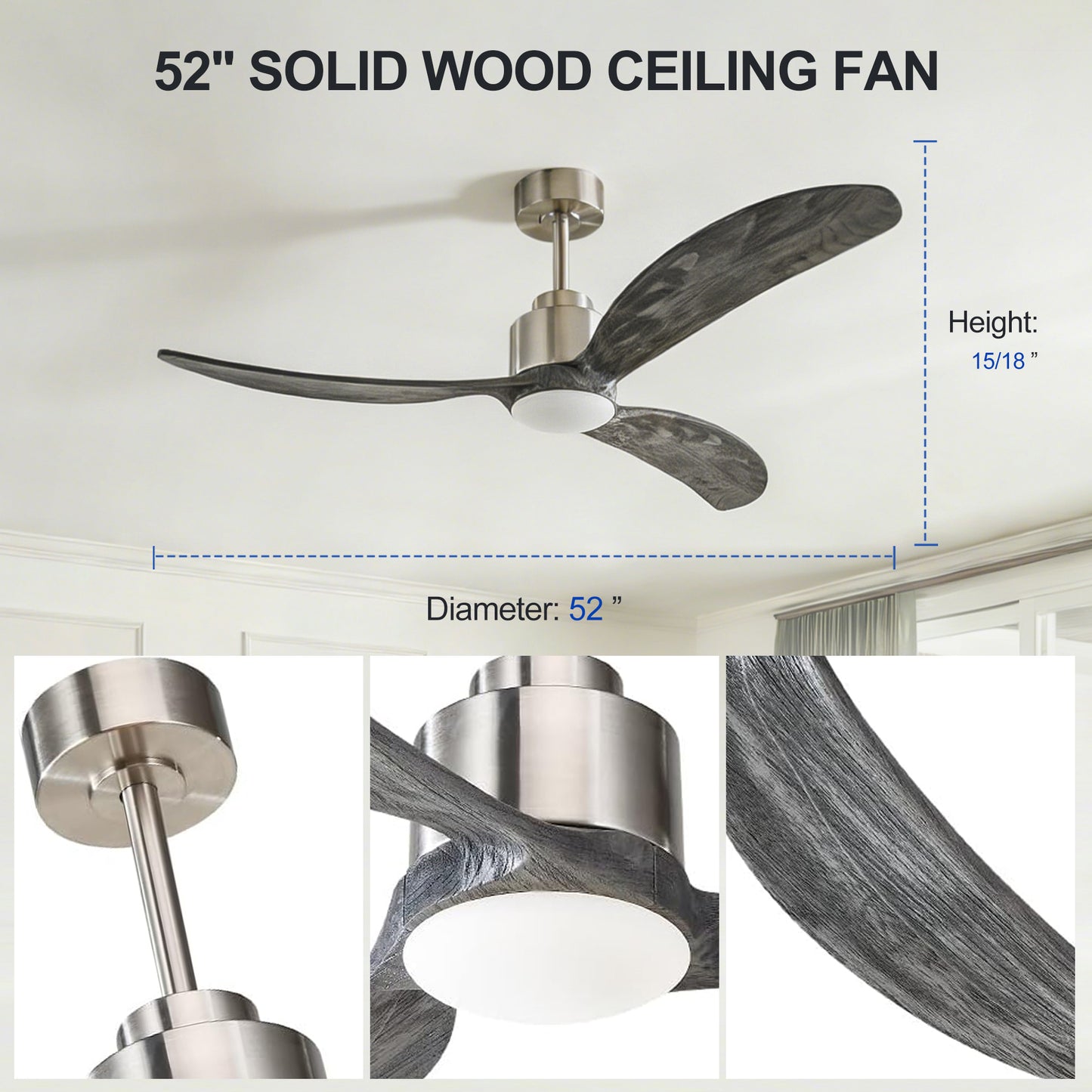 52" Nickel & Wood Ceiling Fan with Remote - view 10