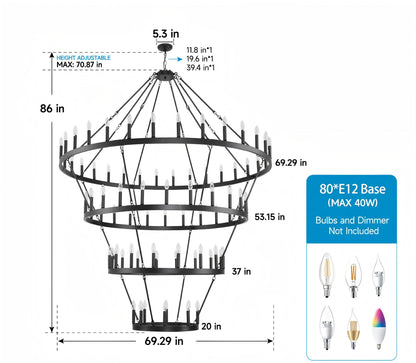 69.3" 4-Tier Wagon Wheel Farmhouse Chandelier, 80-Light - view 13