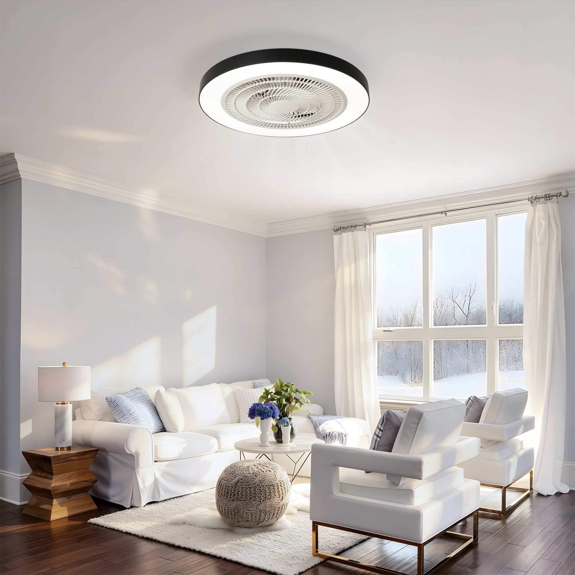 Matte Black Flush Mount Ceiling Fan with Dimmable LED - view 3