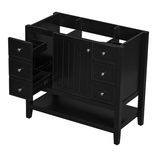 36" Black Bathroom Vanity Base Only with 3 Drawers & Open Shelf