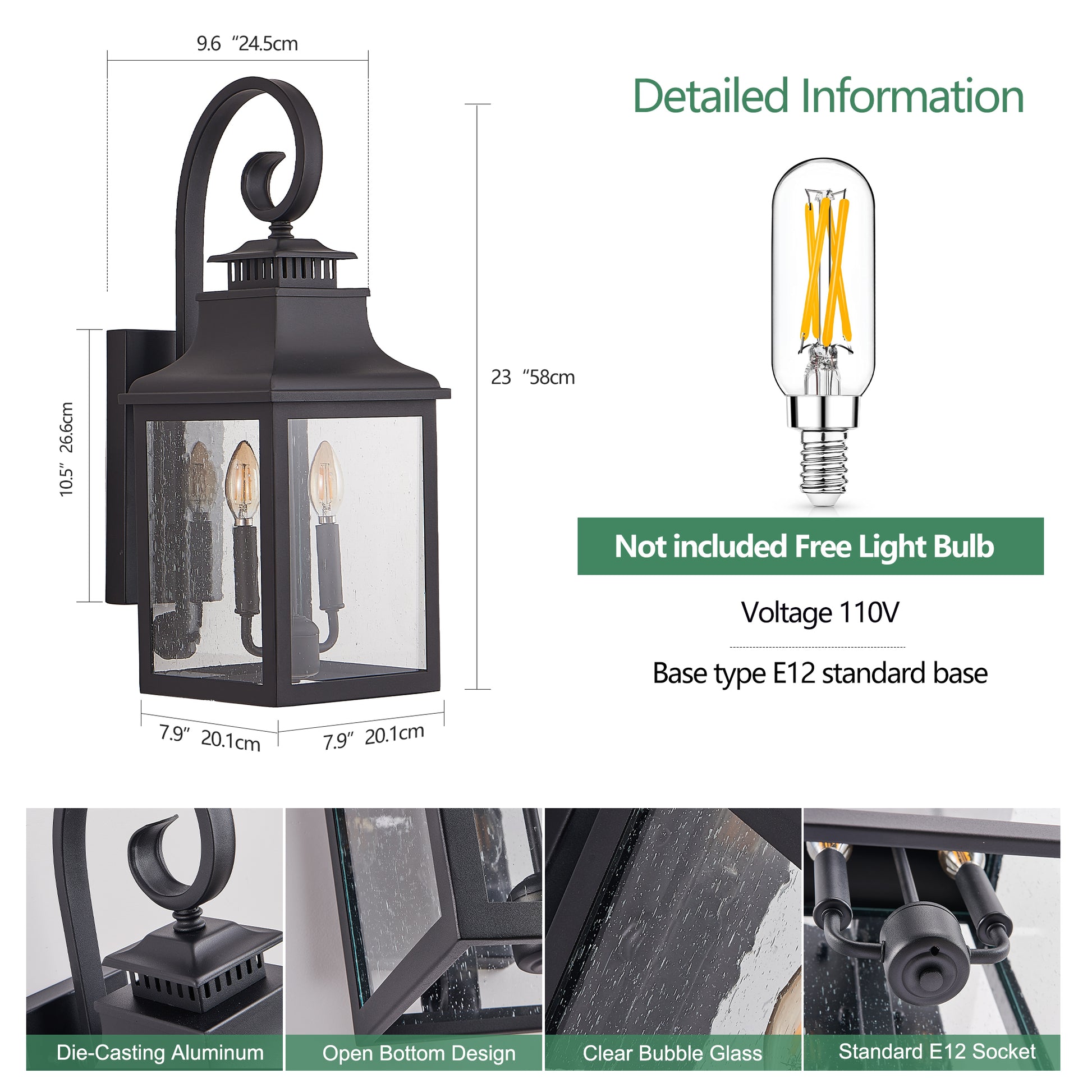 23"H Black Vintage Outdoor Wall Lantern, Set of 2 - view 9