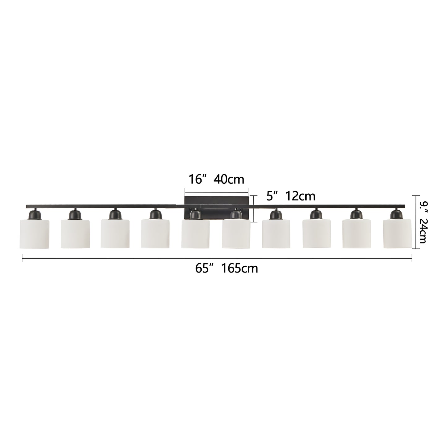 65.4" 10-Light Black Vanity Wall Light with White Glass - view 9