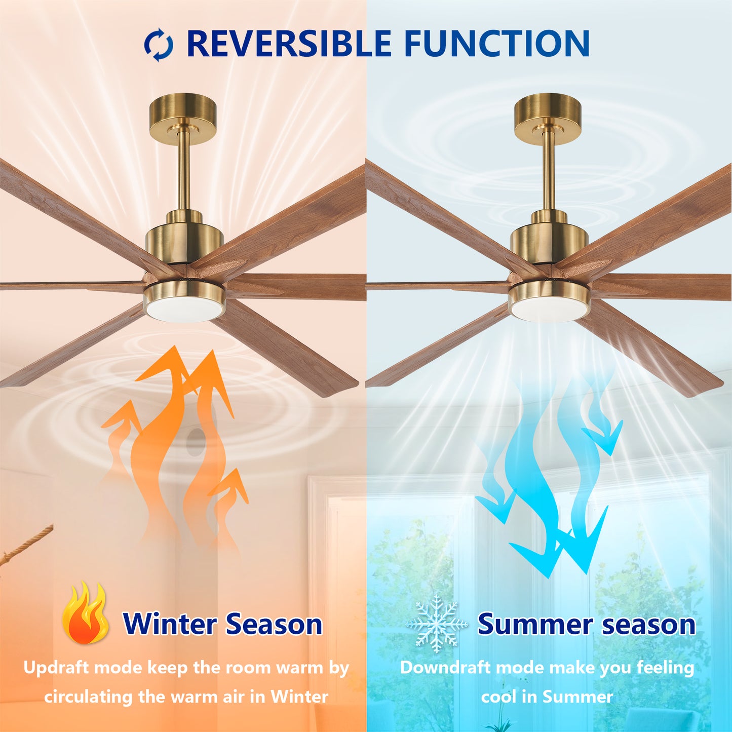 70" Gold & Walnut Solid Wood Ceiling Fan with Light - view 10