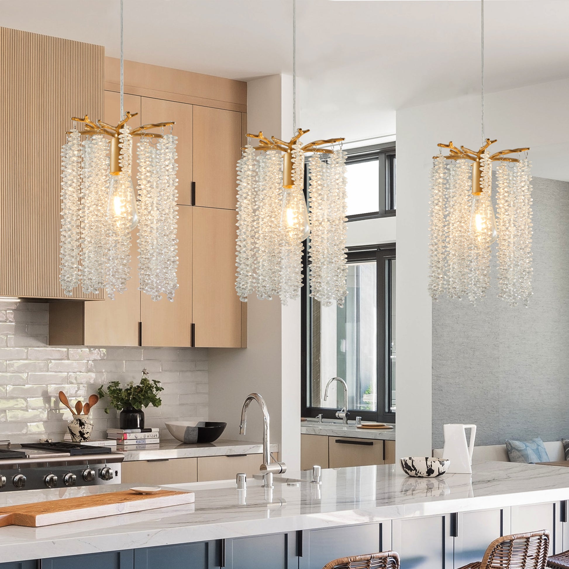 Gold Waterfall Crystal Pendant Chandelier, Set of 3 - view 3