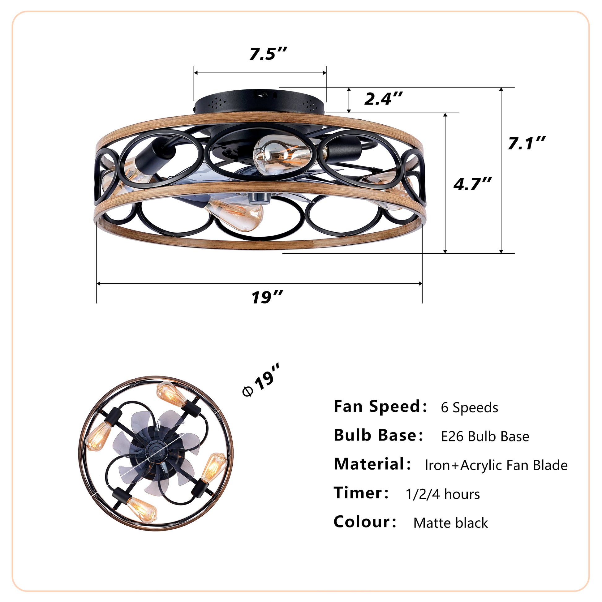 19" Matte Black Caged Ceiling Fan with Remote - view 6