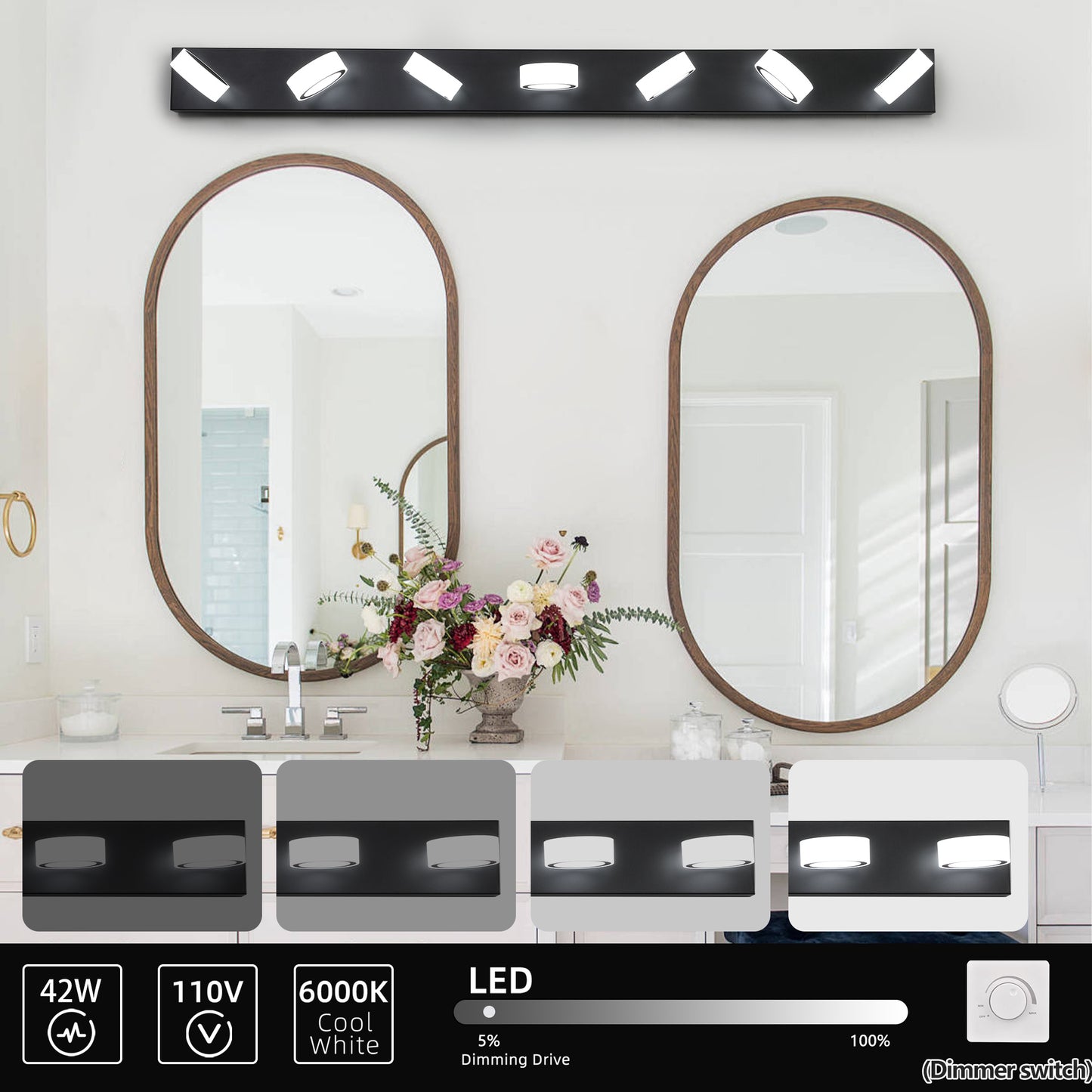 52" 7-Light Black Vanity Light with Dimmable LED - view 5