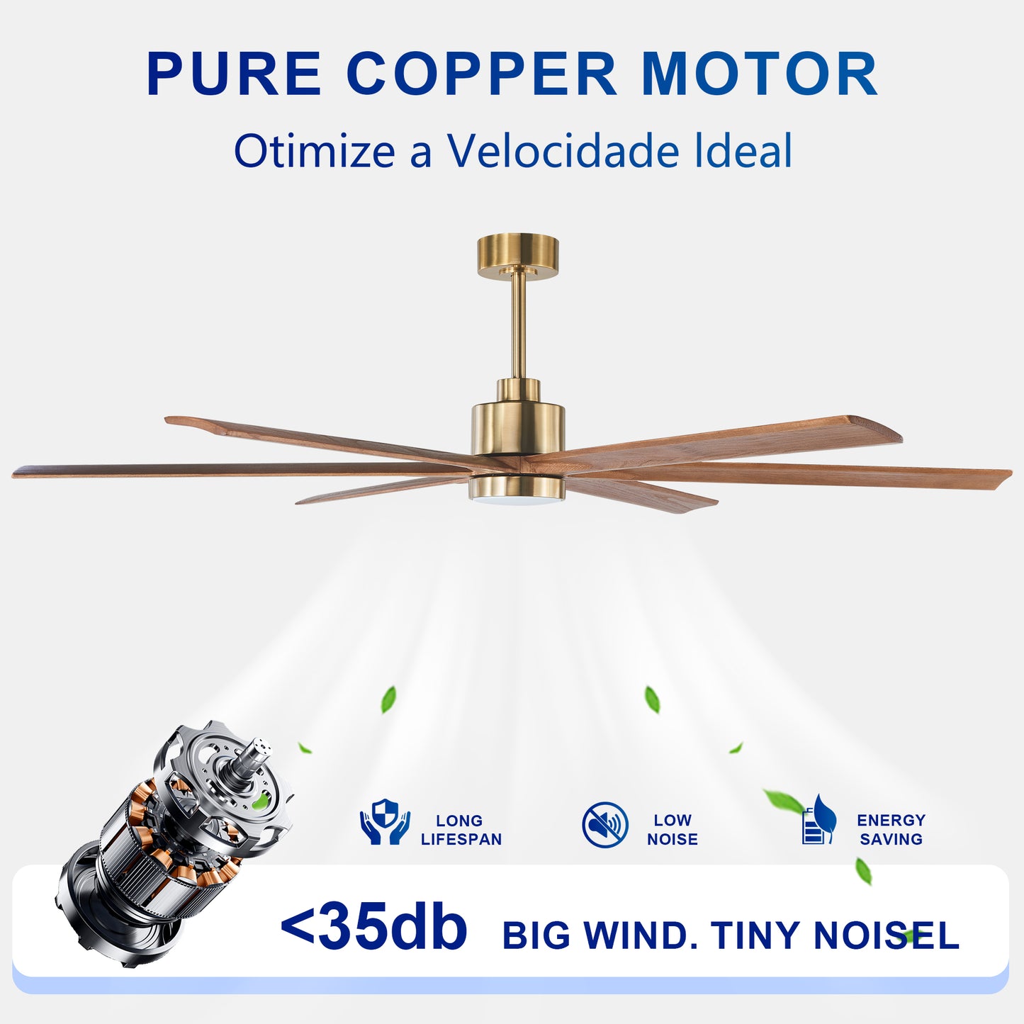 70" Gold & Walnut Solid Wood Ceiling Fan with Light - view 14