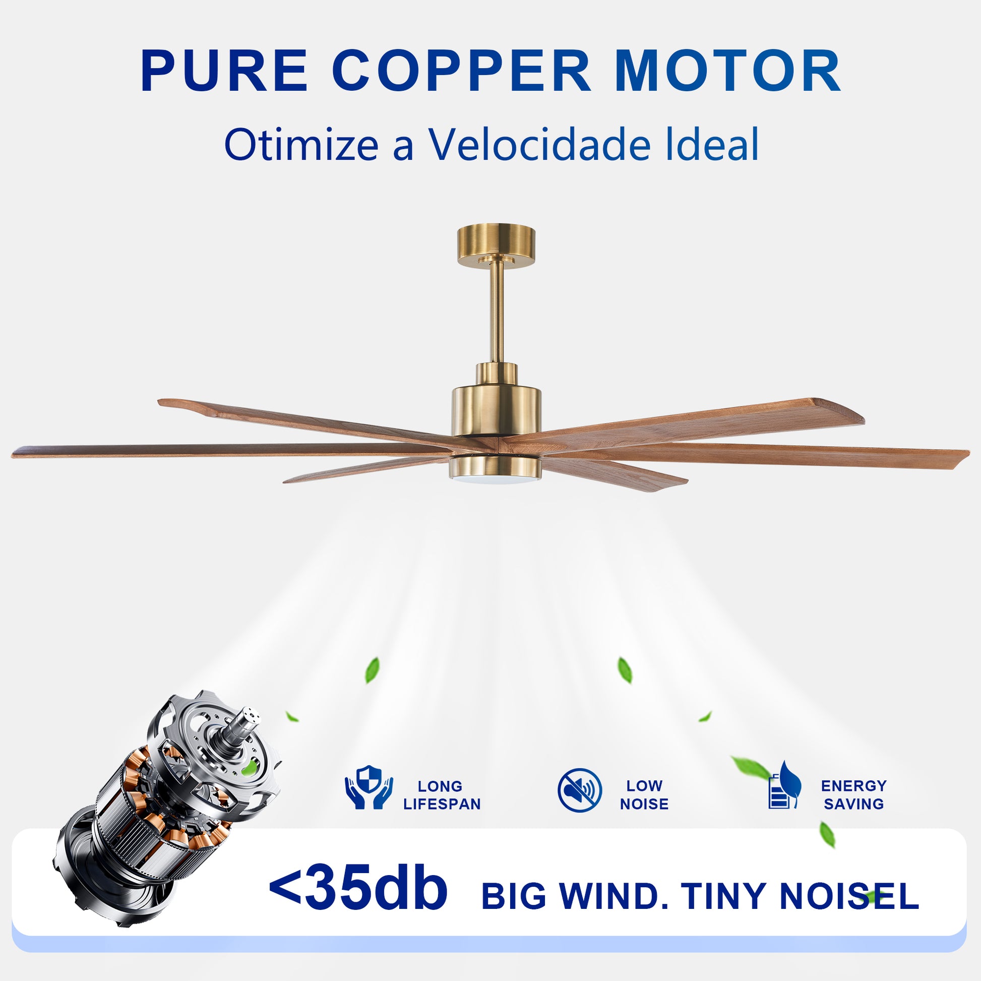 70" Gold & Walnut Solid Wood Ceiling Fan with Light - view 14