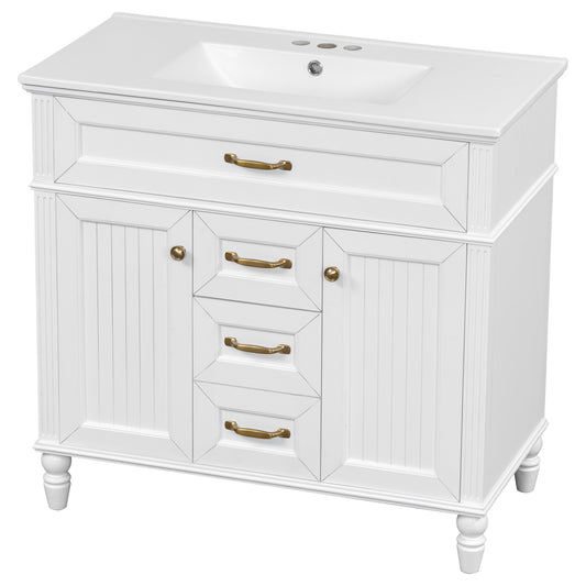 36" White Beadboard Bathroom Vanity with Sink & Gold Handles