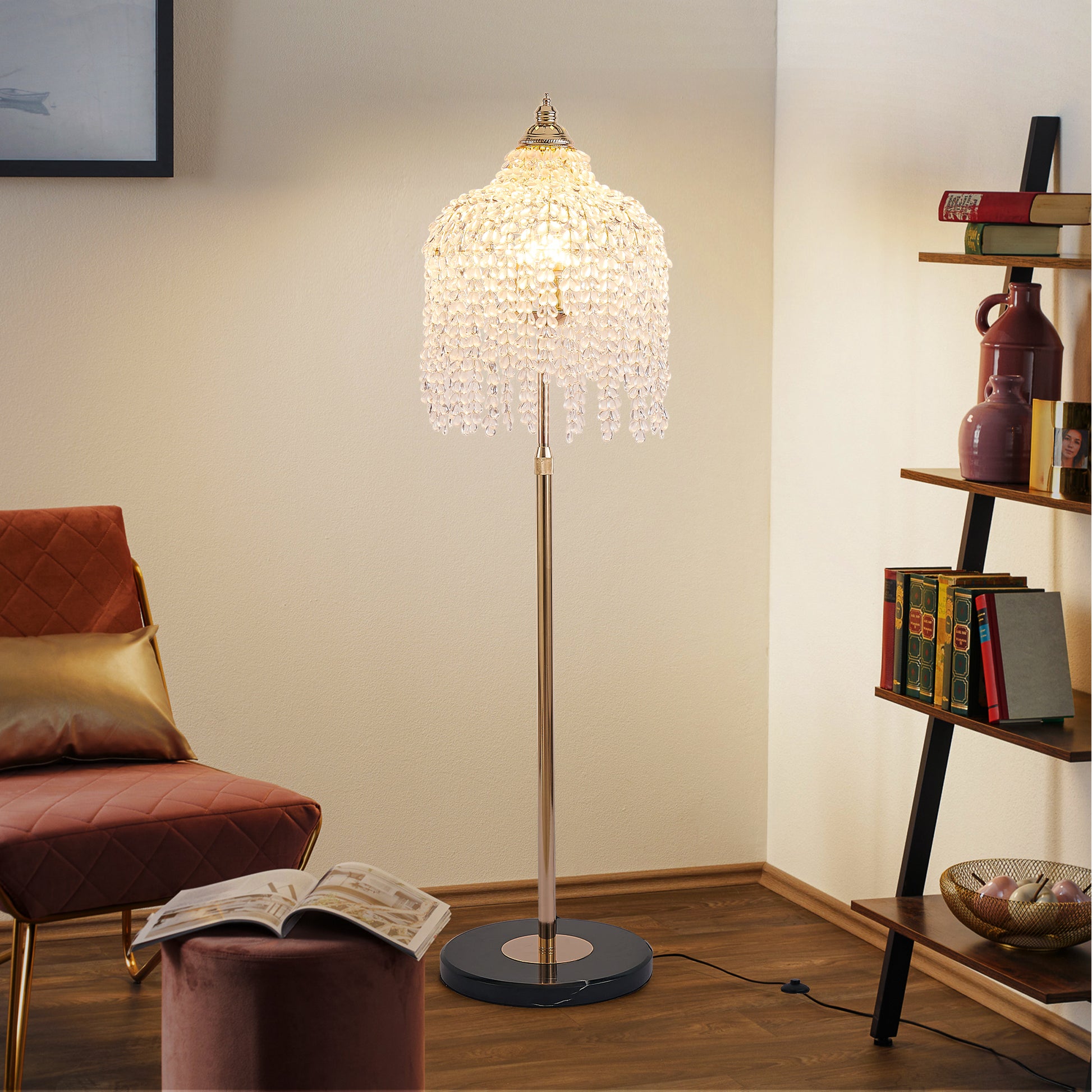 3-Light Gold Waterfall Crystal Floor Lamp