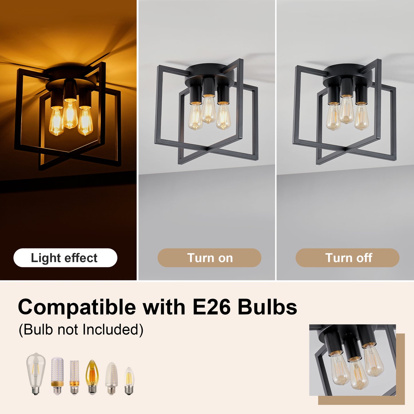3-Light Black Geometric Farmhouse Semi-Flush Chandelier - view 9