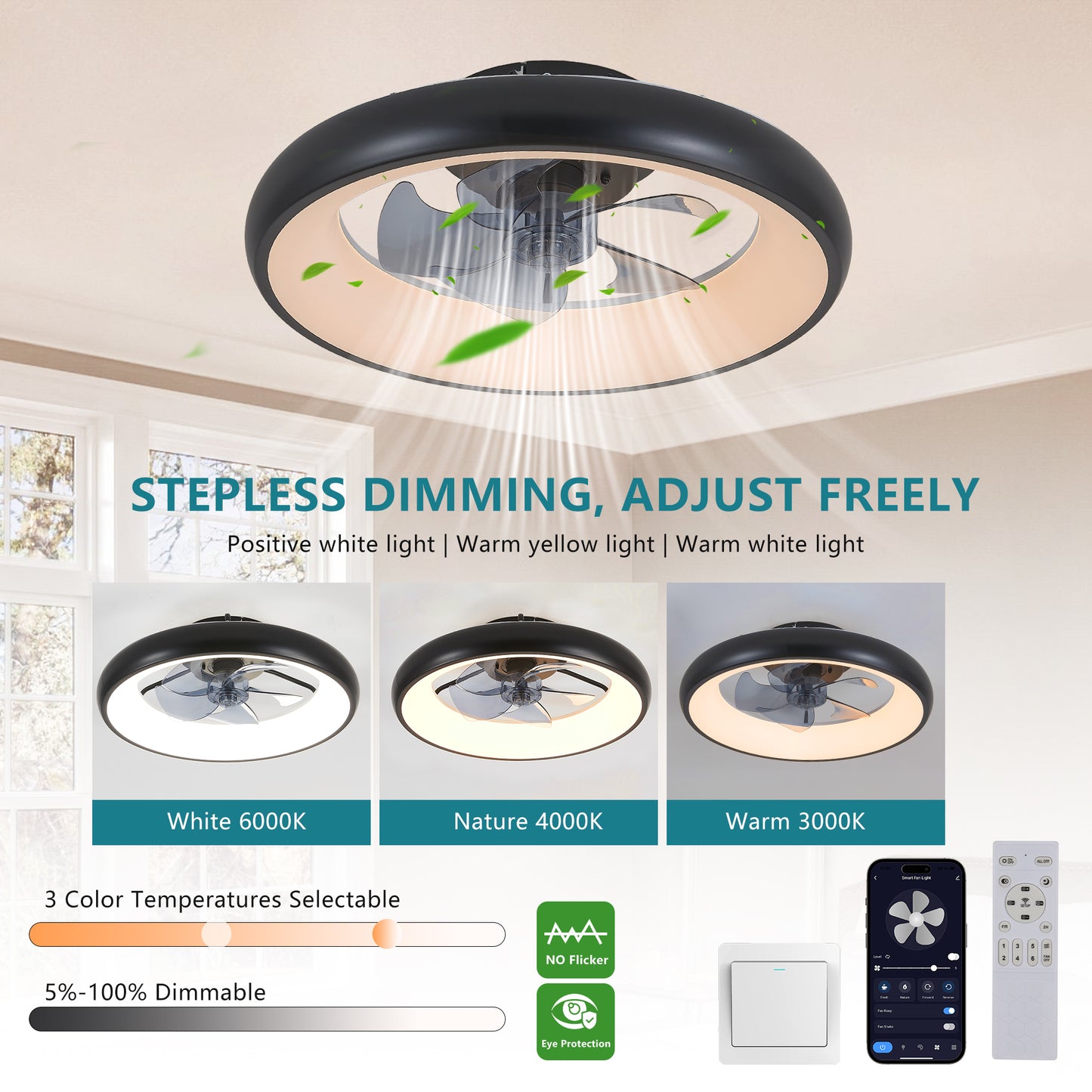 20" Black Smart Ceiling Fan with Dimmable LED - view 2