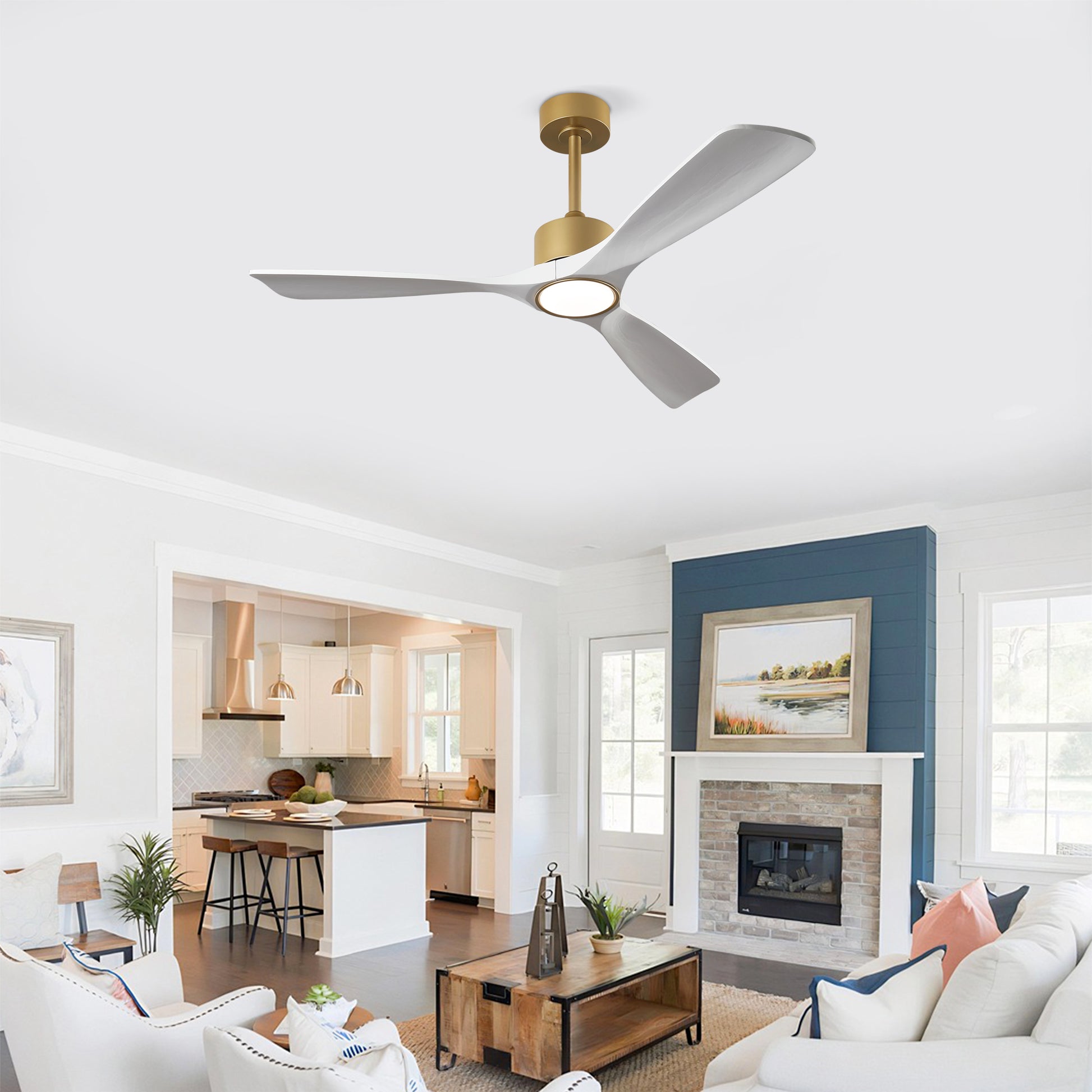 52" Gold and White Solid Wood Ceiling Fan with Dimmable LED - view 3