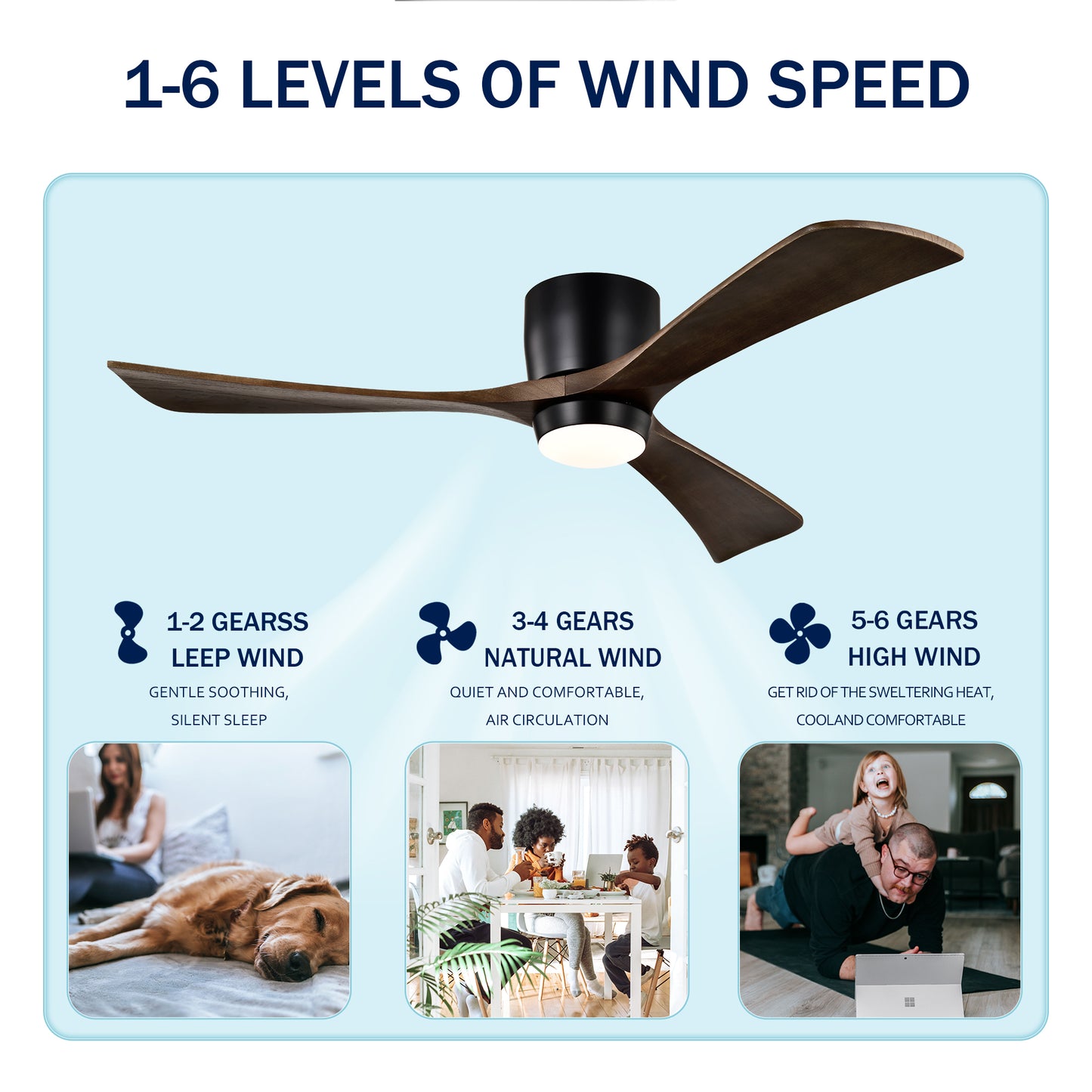 52" Matte Black Flush Mount Wood Ceiling Fan with Remote - view 10