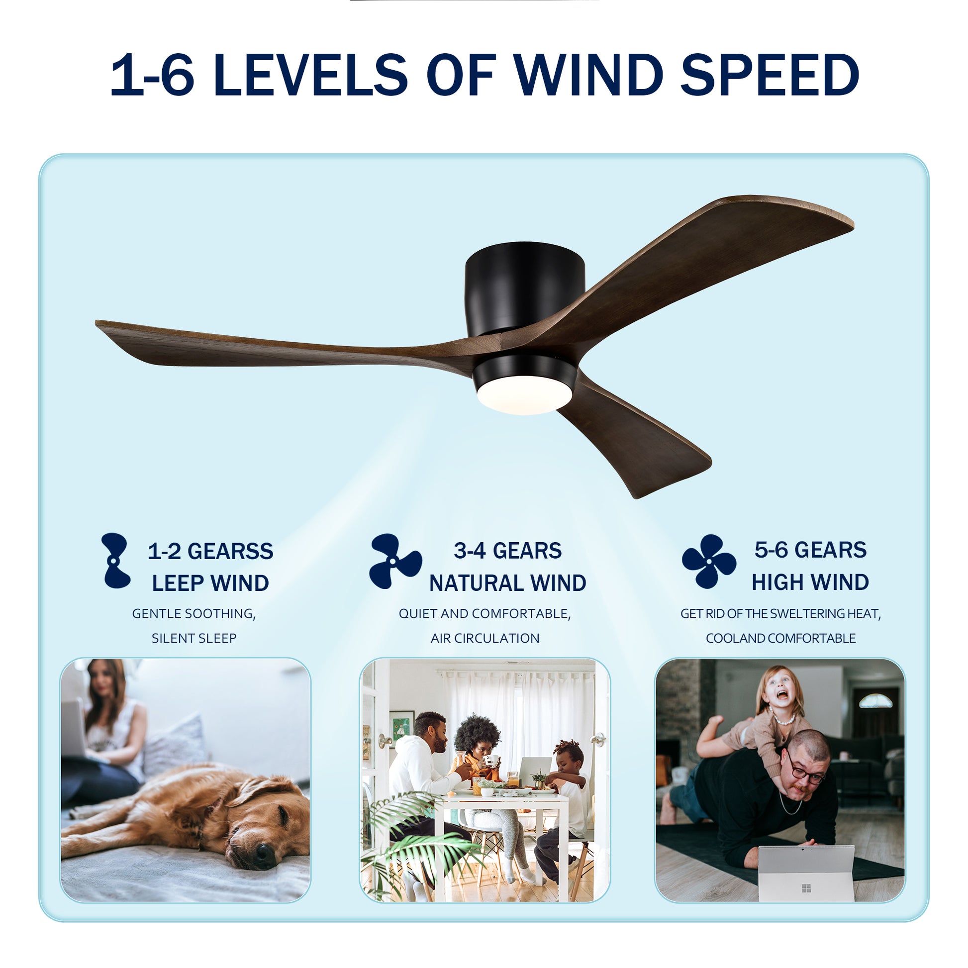 52" Matte Black Flush Mount Wood Ceiling Fan with Remote - view 10