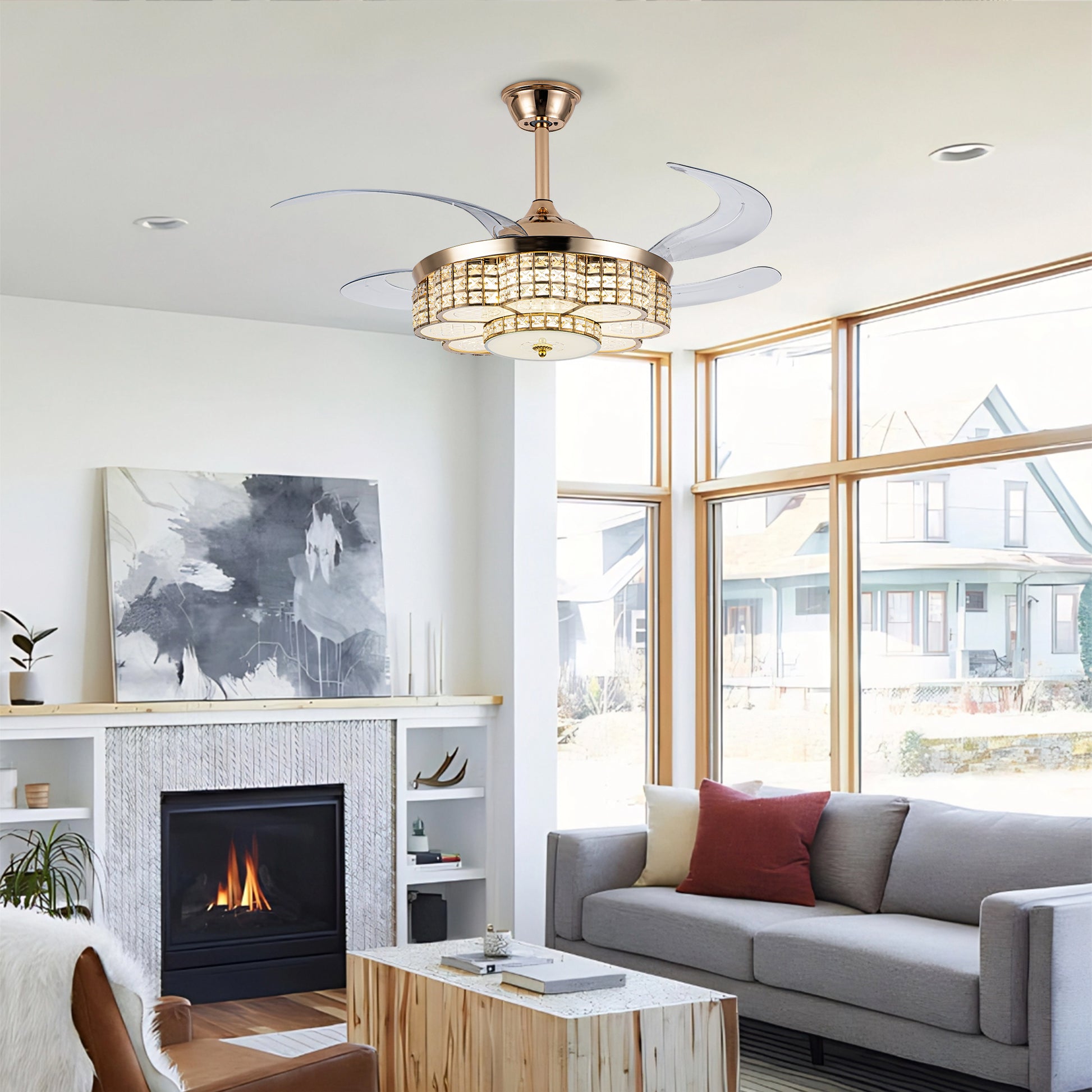 48" Gold Retractable Blade Ceiling Fan with Light & Remote - view 3