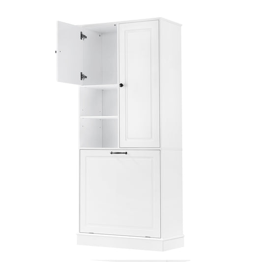 68" White Tall Storage Cabinet with Flip-Out Basket