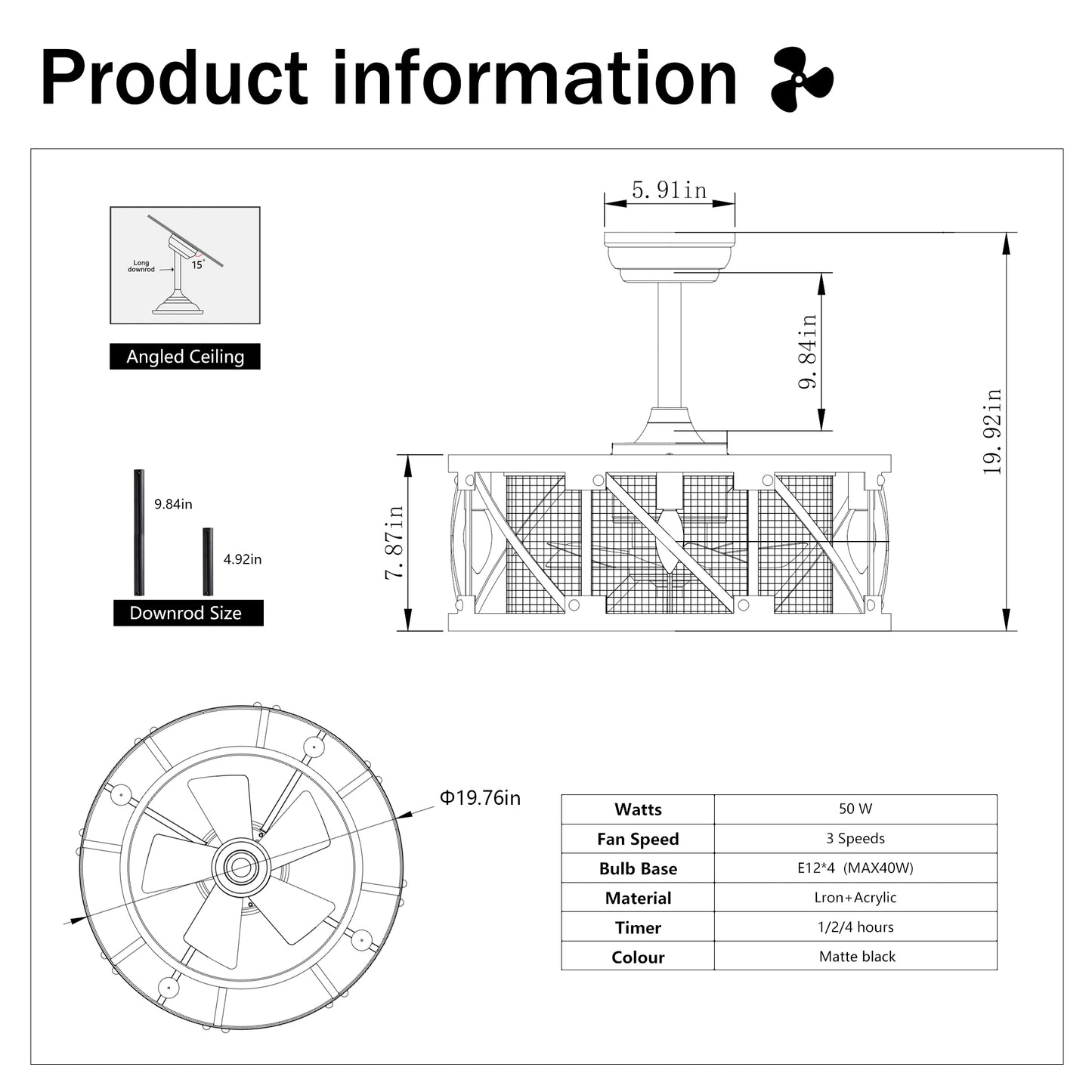 20" Matte Black Industrial Ceiling Fan with Remote - view 16