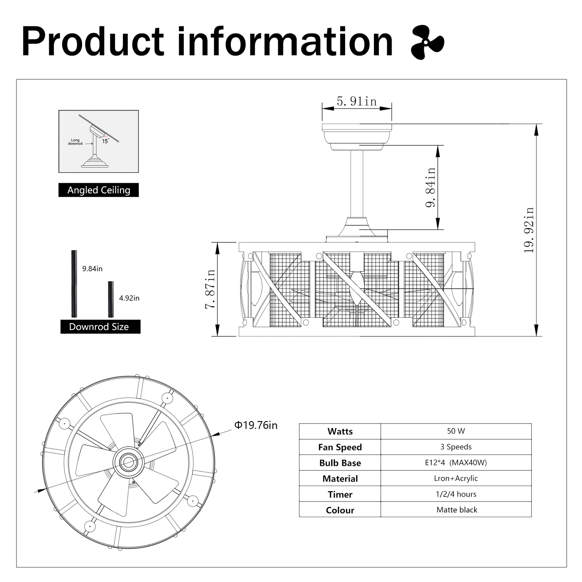 20" Matte Black Industrial Ceiling Fan with Remote - view 16
