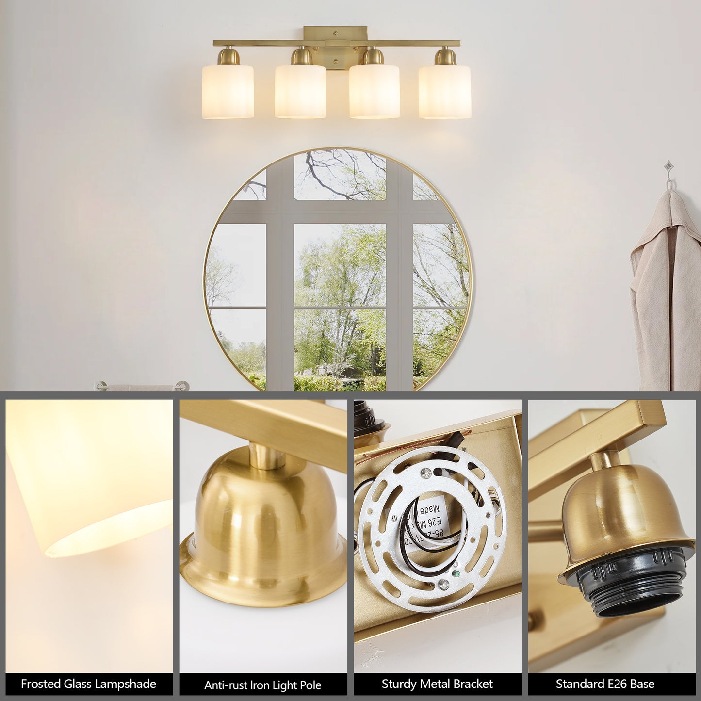 4-Light Gold Vanity Wall Light with Frosted Glass - view 6