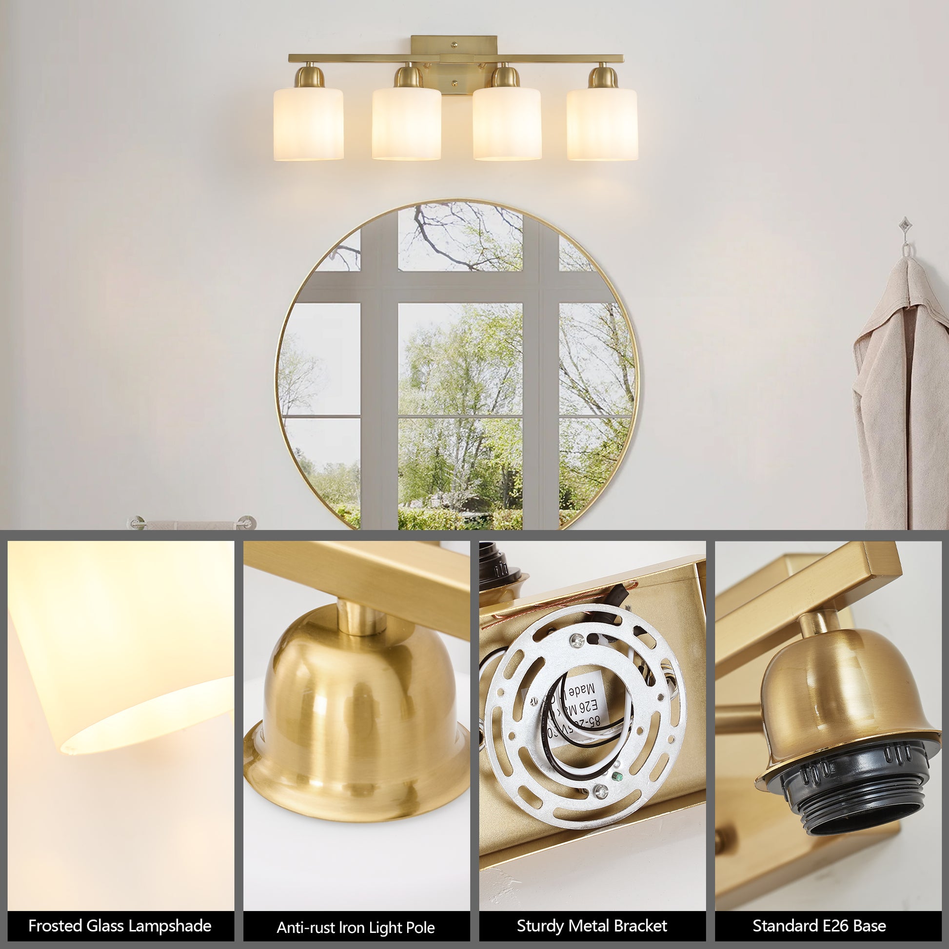4-Light Gold Vanity Wall Light with Frosted Glass - view 6