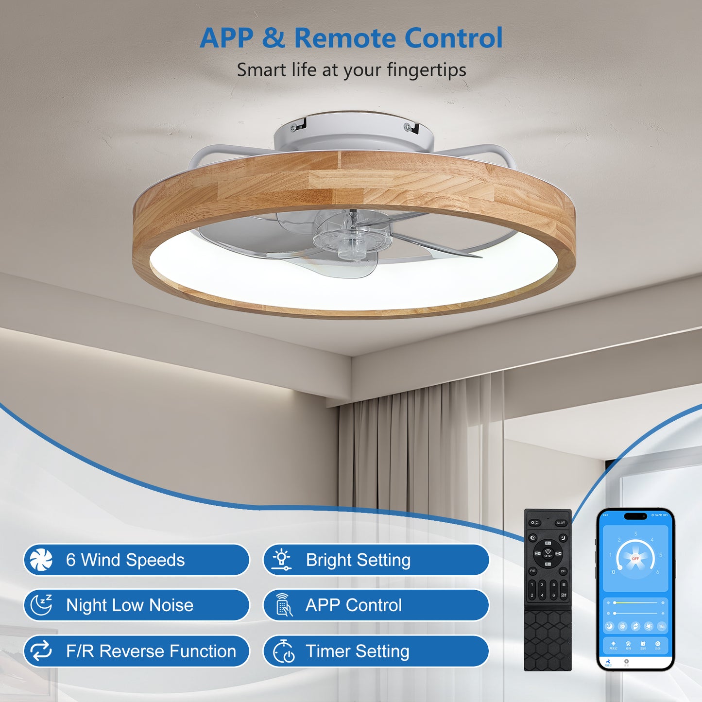 20" Wood Low Profile Flush Mount Ceiling Fan with Dimmable LED - view 2