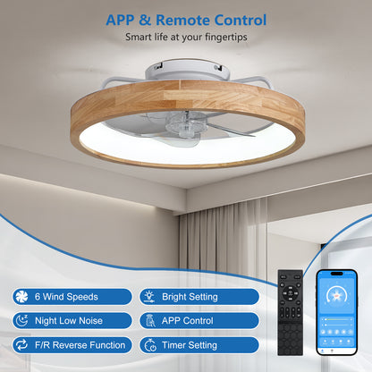 20" Wood Low Profile Flush Mount Ceiling Fan with Dimmable LED - view 2