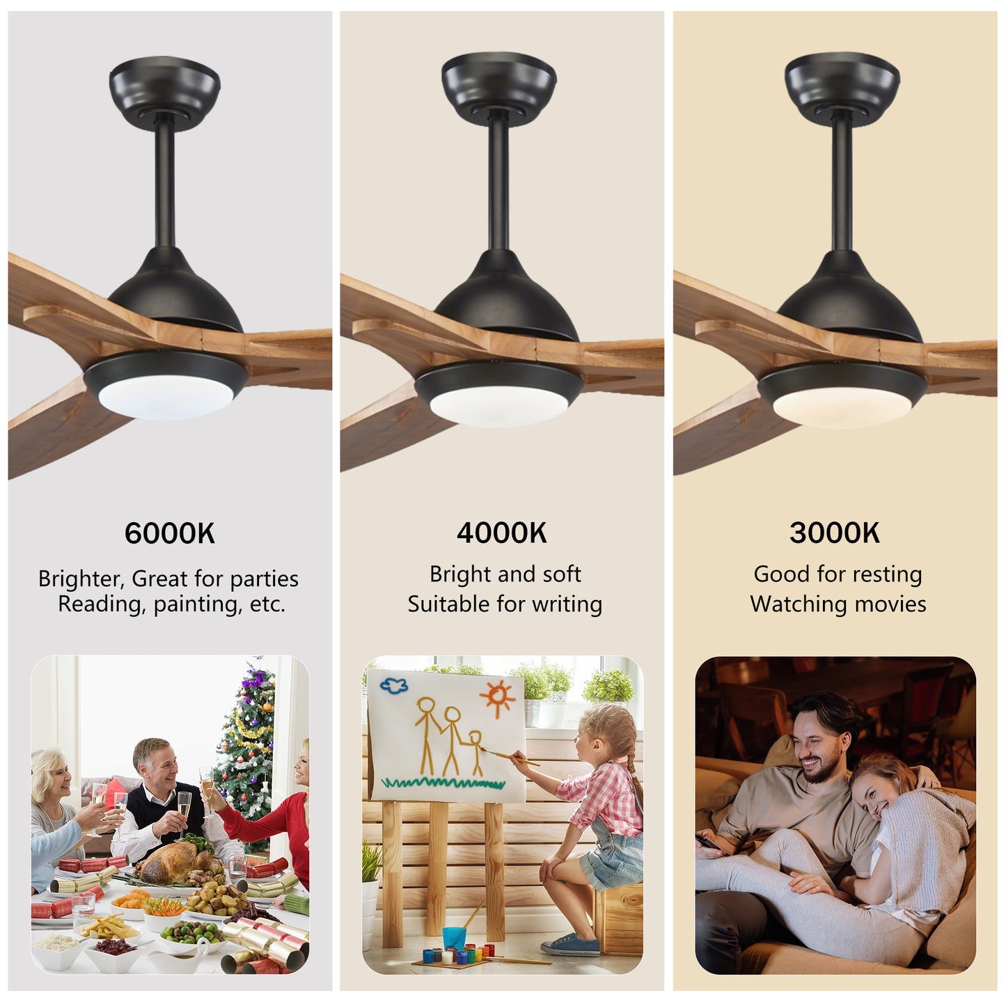 52" Matte Black & Wood Ceiling Fan with Light - view 9