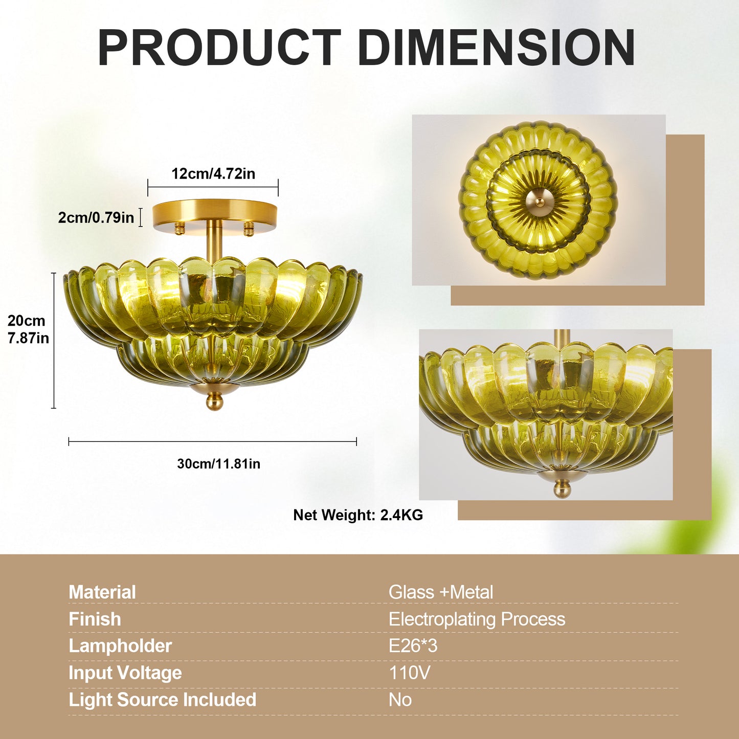 11.8" 3-Light Green Flower Glass Semi Flush Ceiling Light - view 6