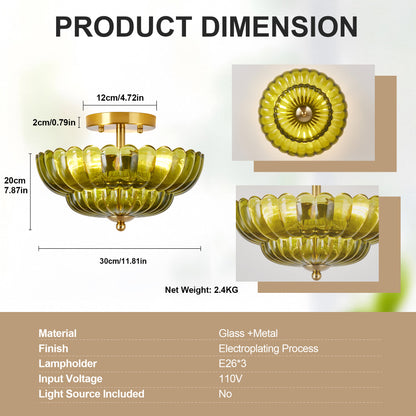 11.8" 3-Light Green Flower Glass Semi Flush Ceiling Light - view 6