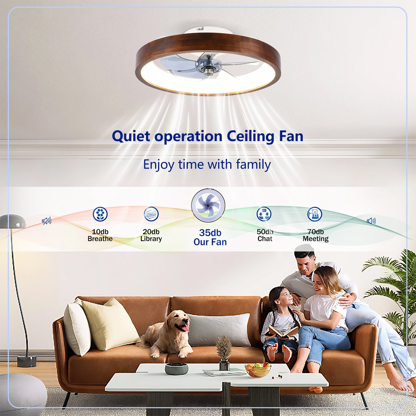 20" White & Wood Flush Mount Ceiling Fan with Dimmable LED - view 14