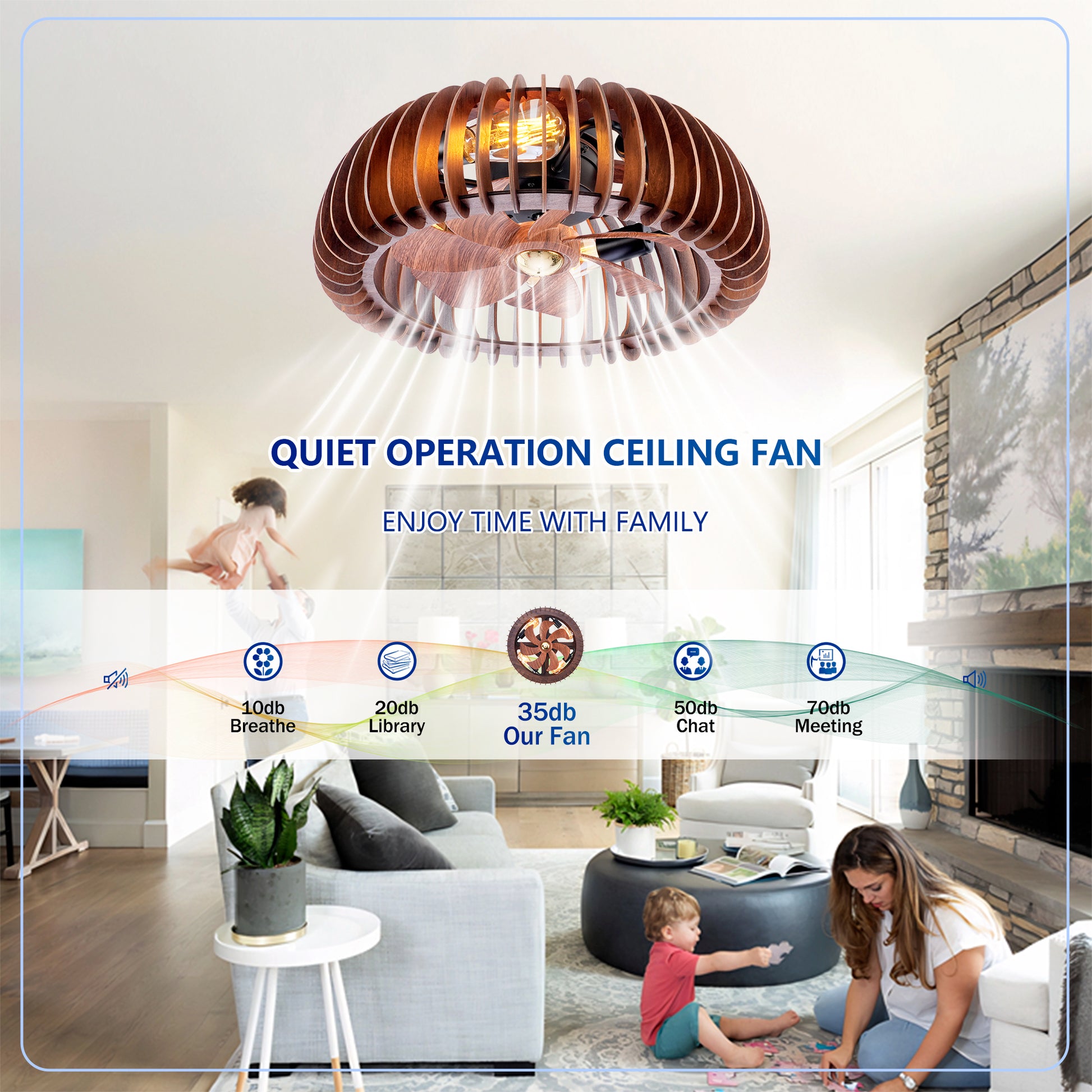 20" Wood Semicircle Flush Mount Ceiling Fan with Remote - view 11