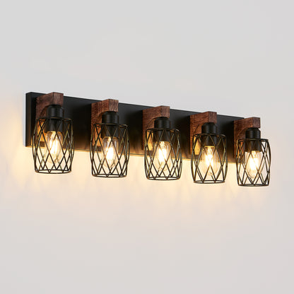 31" 5-Light Black Caged Wall Light with Wood Accents - view 10