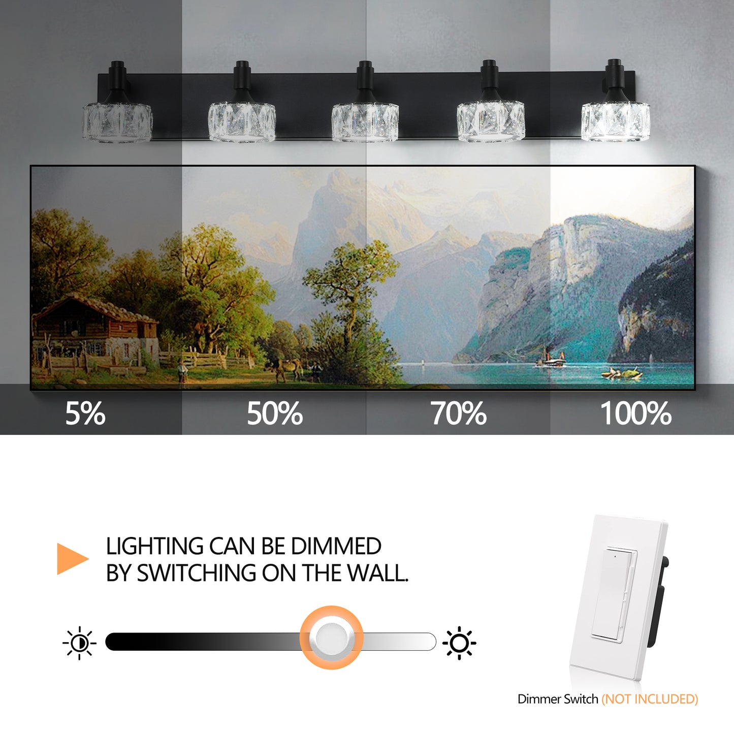 5-Light Matte Black LED Vanity Light with Crystal Glass - view 5