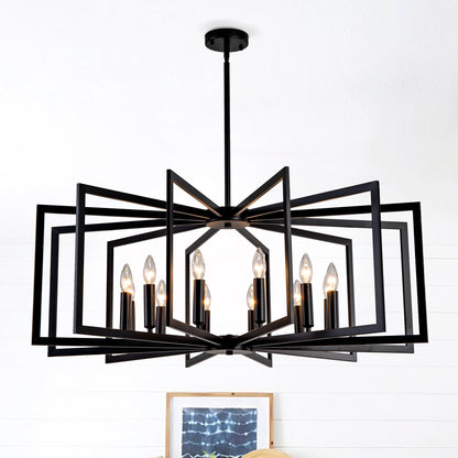 12-Light Matte Black Tiered Lantern Farmhouse Chandelier