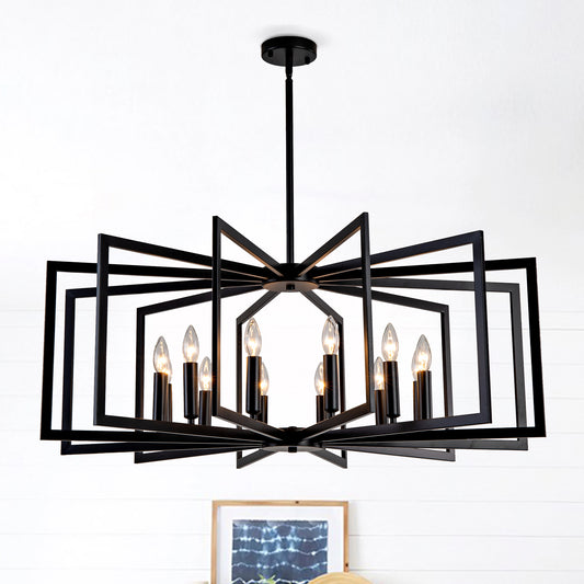 12-Light Matte Black Tiered Lantern Farmhouse Chandelier