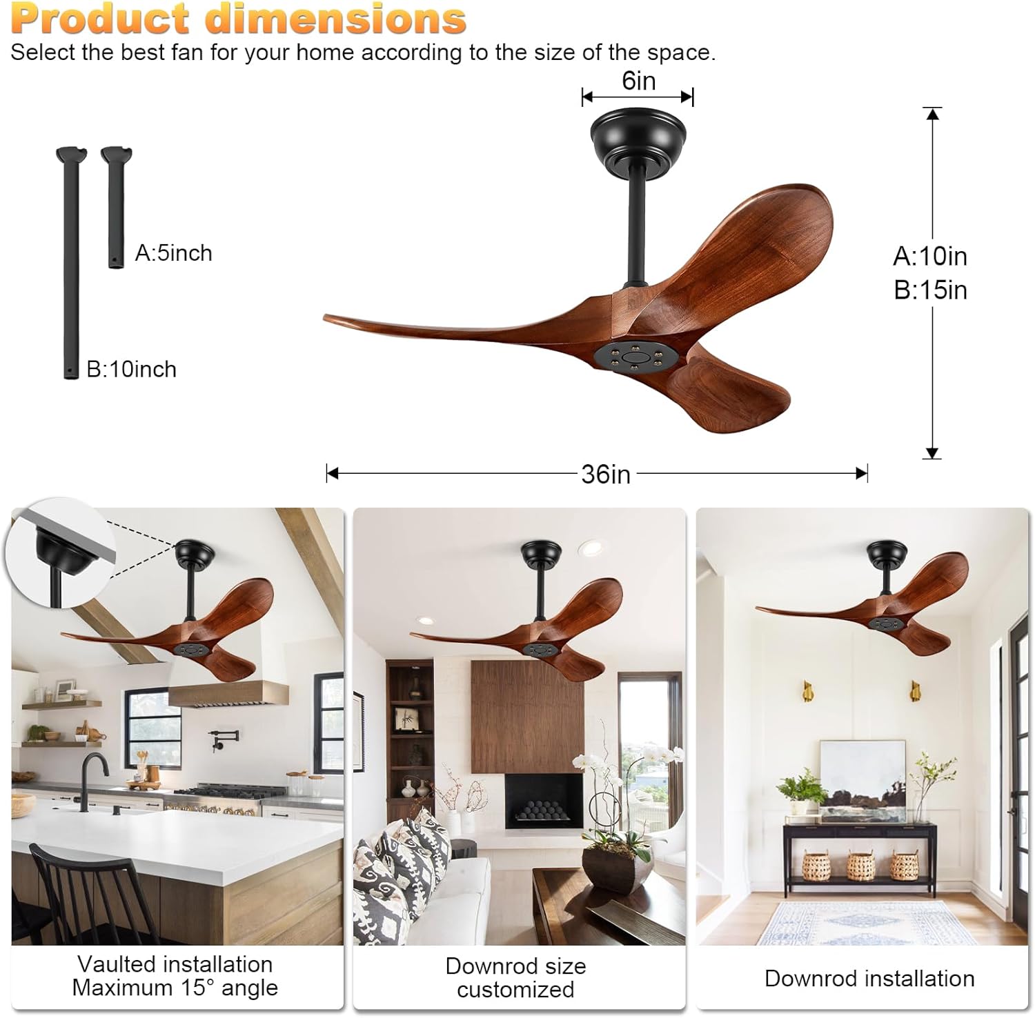 36" Walnut Wood Ceiling Fan with Remote - view 16