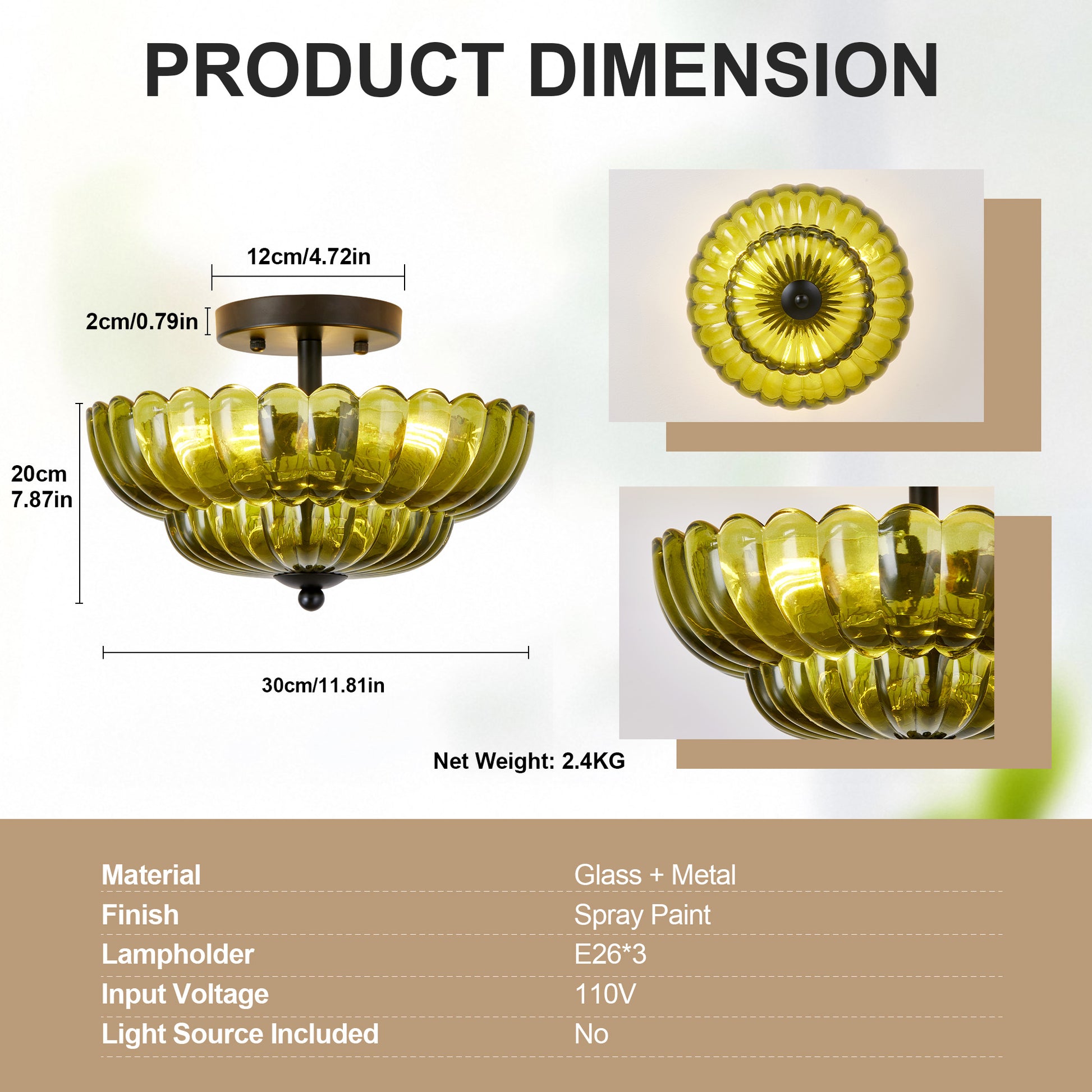 3-Light Green Glass Semi Flush Mount Ceiling Light - view 7