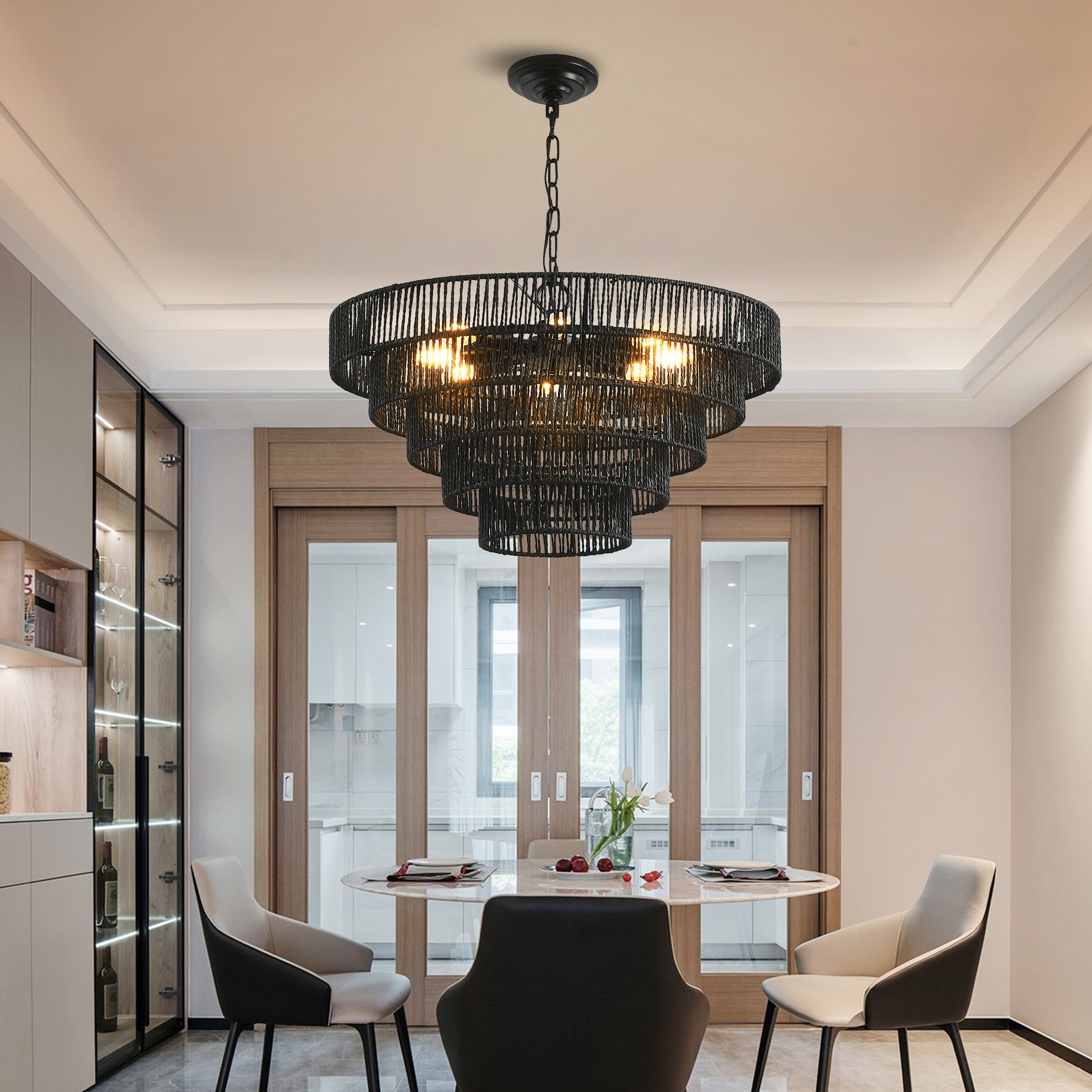 24" 5-Tier Black Hemp Rope Chandelier, 8-Light