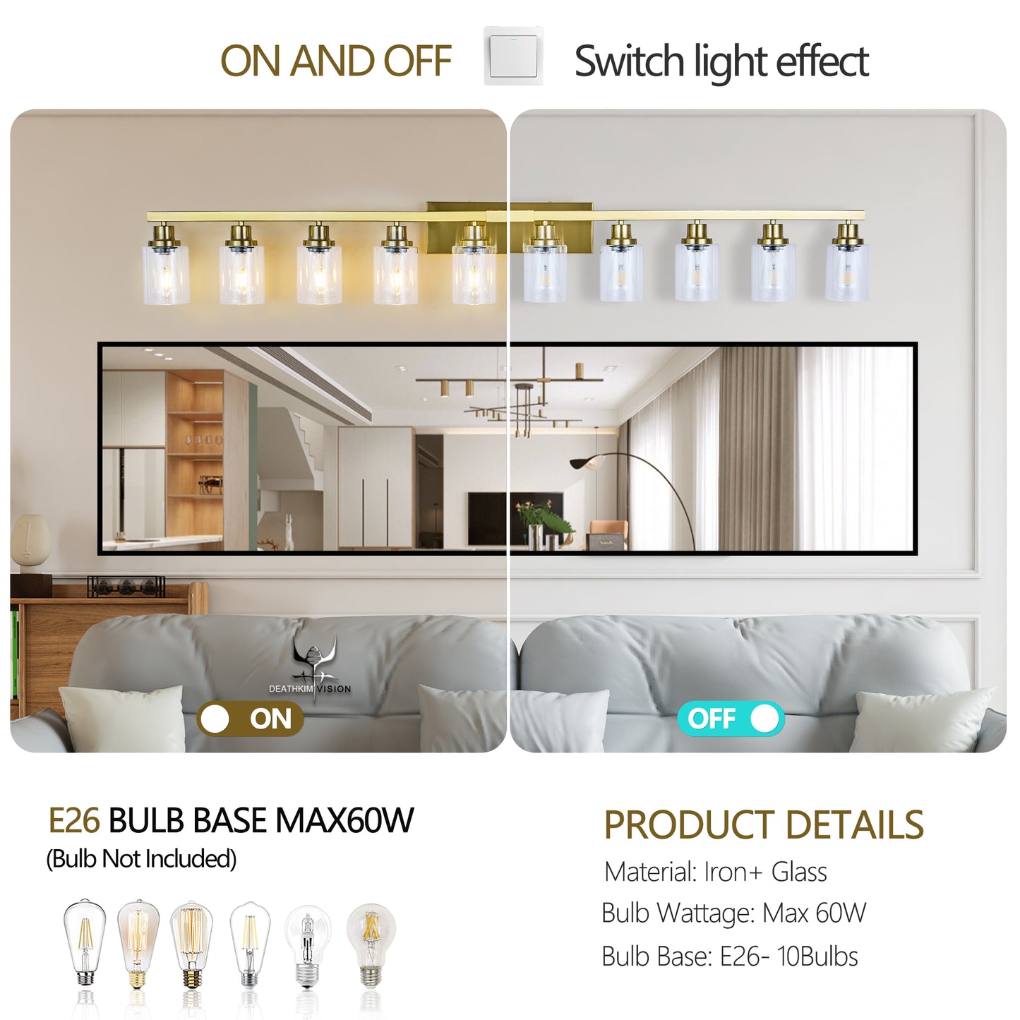52" 10-Light Gold Bathroom Vanity Light - view 6