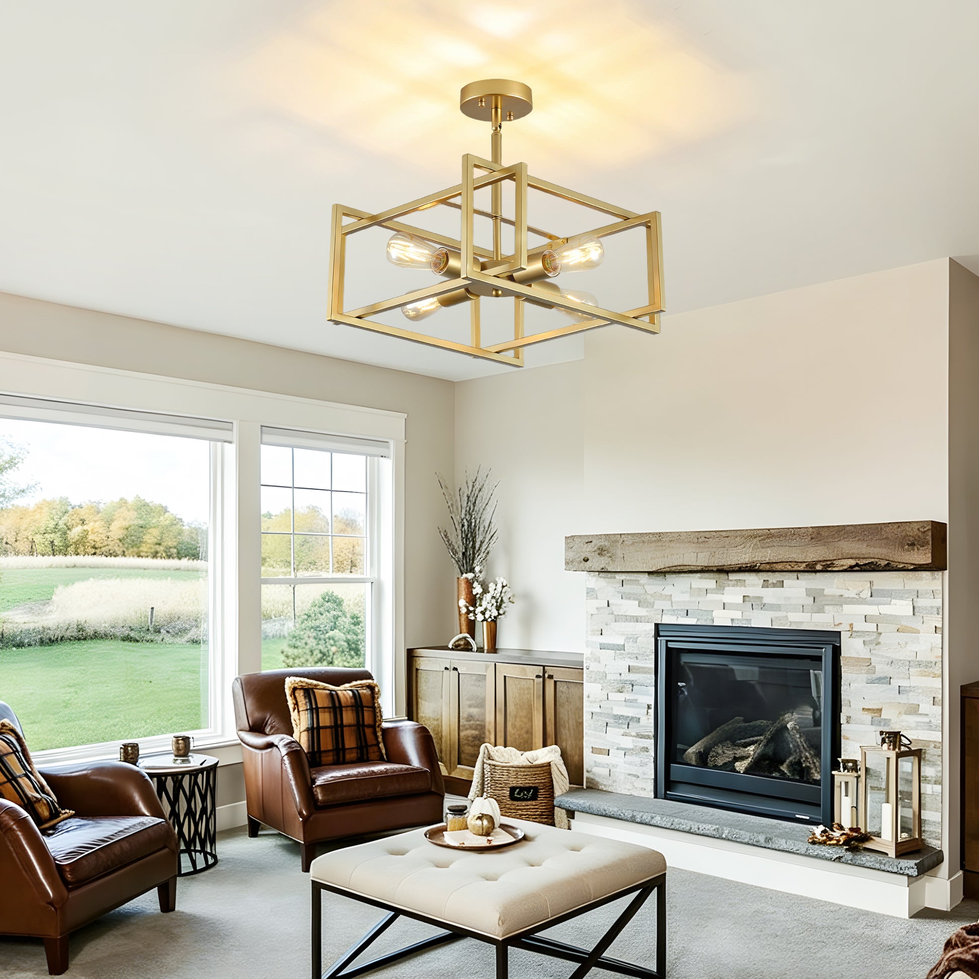 4-Light Gold Industrial Flush Mount Chandelier - view 9