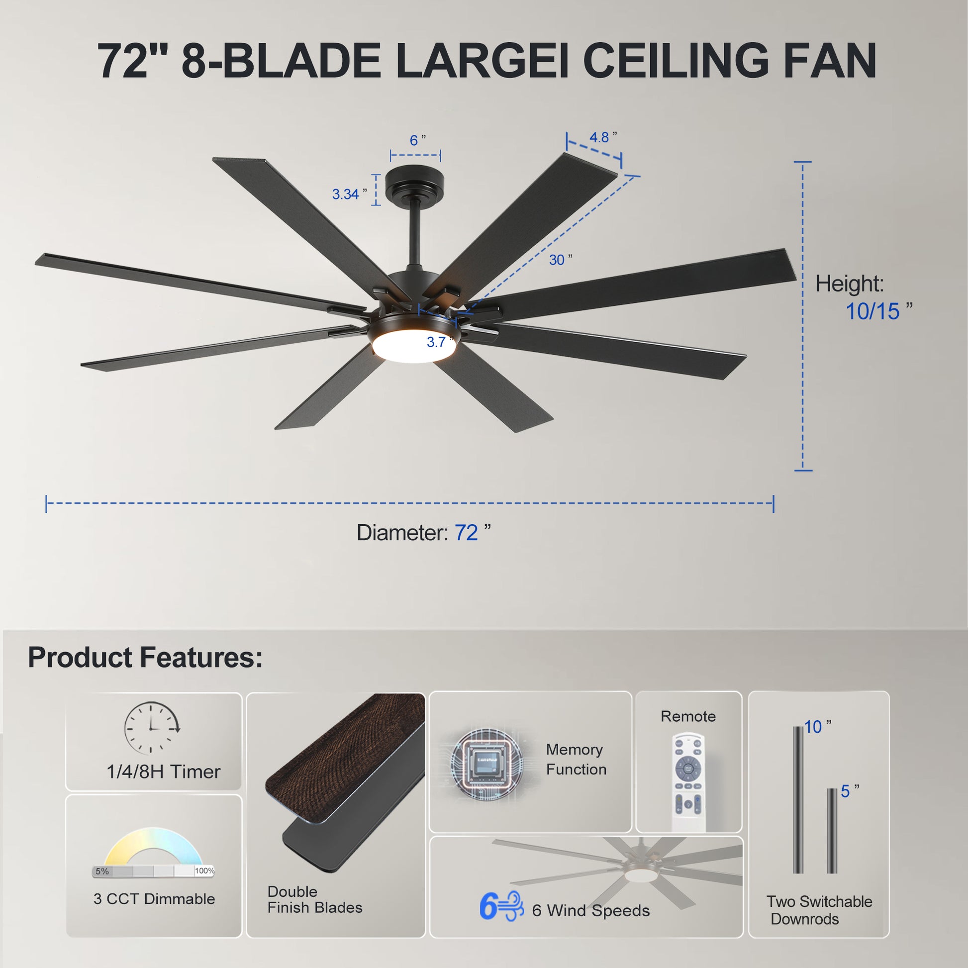 72" Matte Black 8-Blade Ceiling Fan with Dimmable LED - view 7