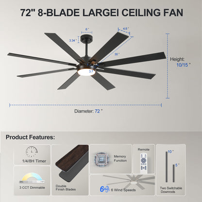 72" Matte Black 8-Blade Ceiling Fan with Dimmable LED - view 7