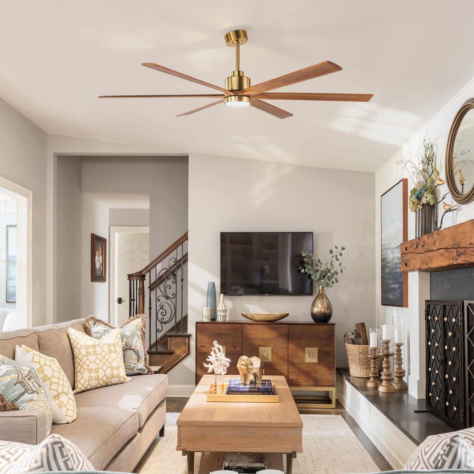 70" Gold & Walnut Solid Wood Ceiling Fan with Light - view 5