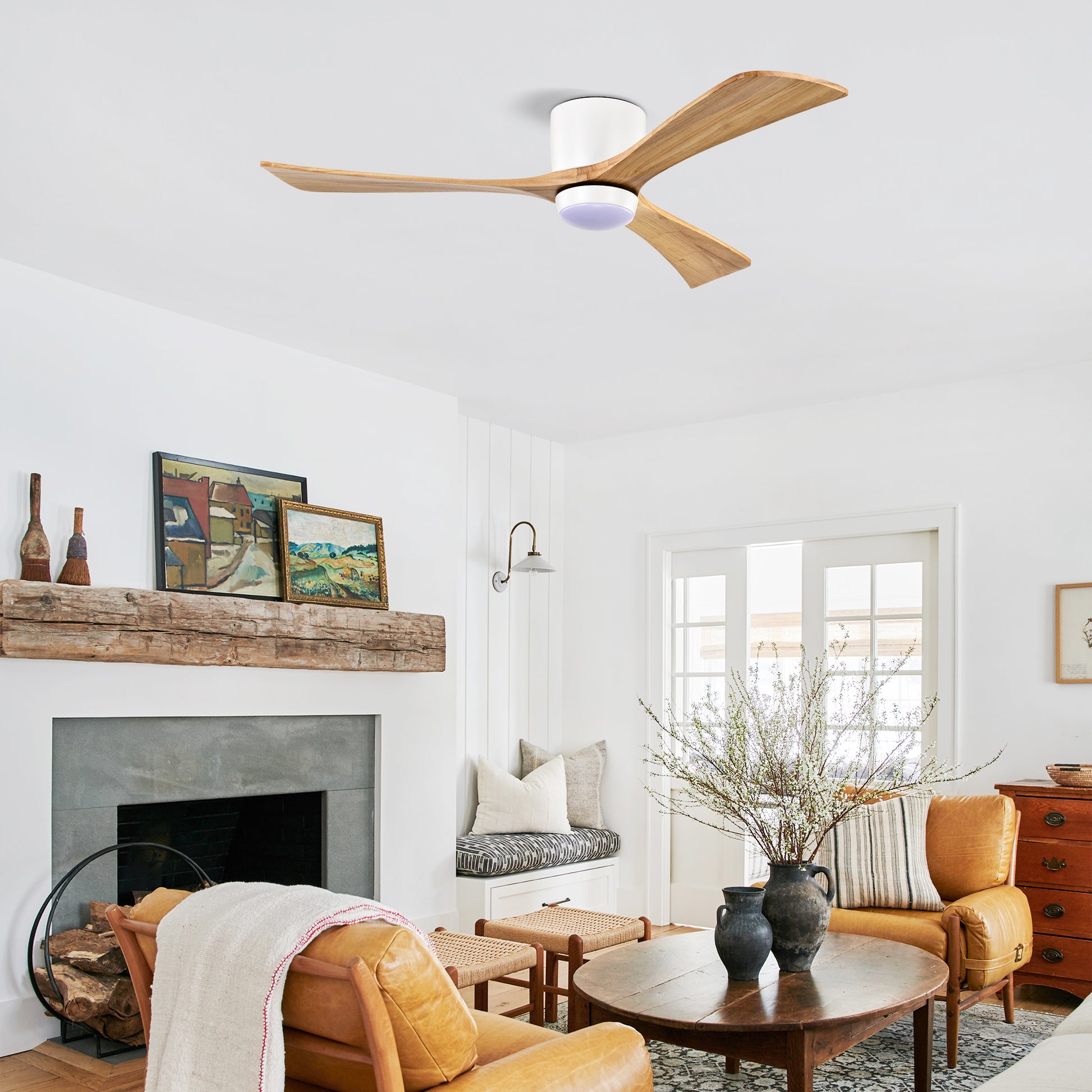 52" Matte White & Natural Wood Ceiling Fan with Remote - view 3